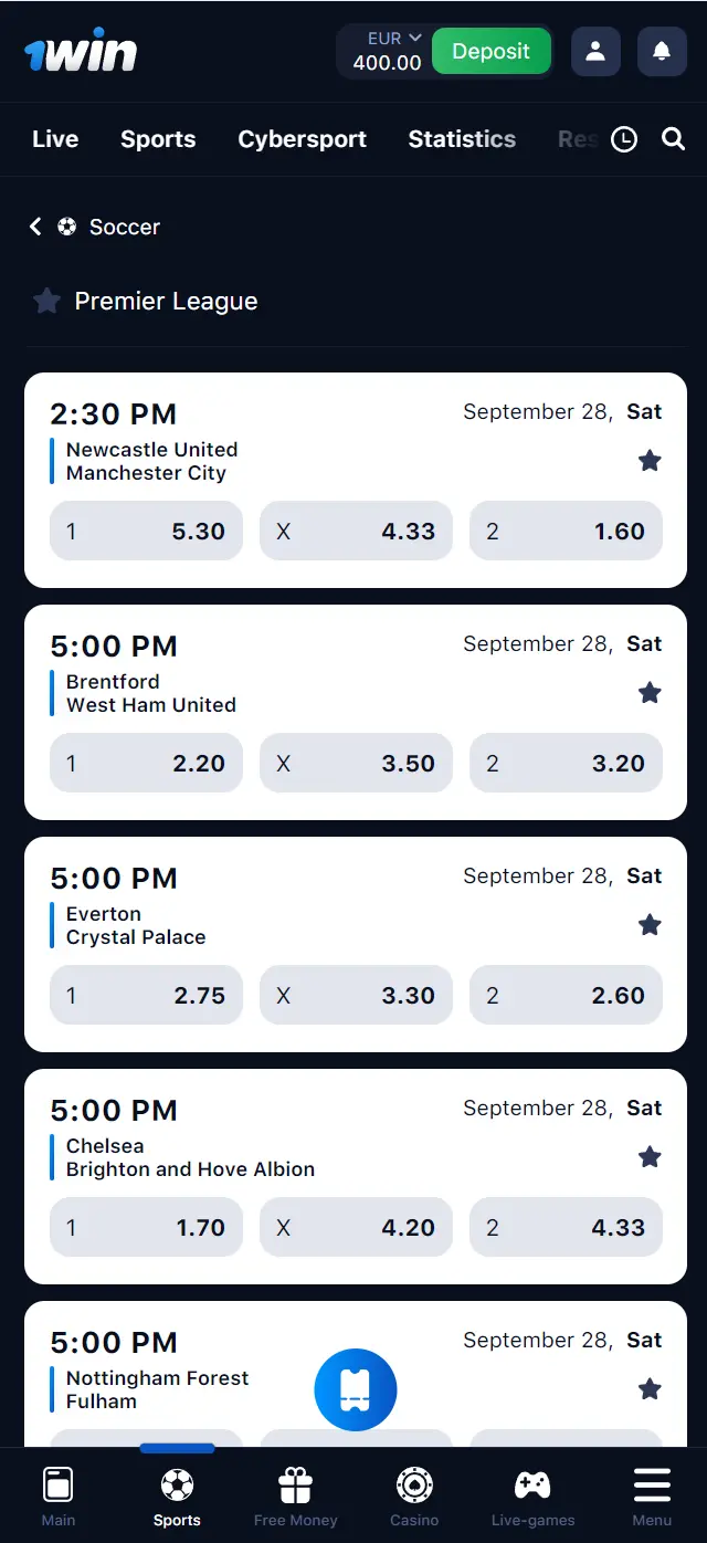 Place a bet in the 1Win mobile App