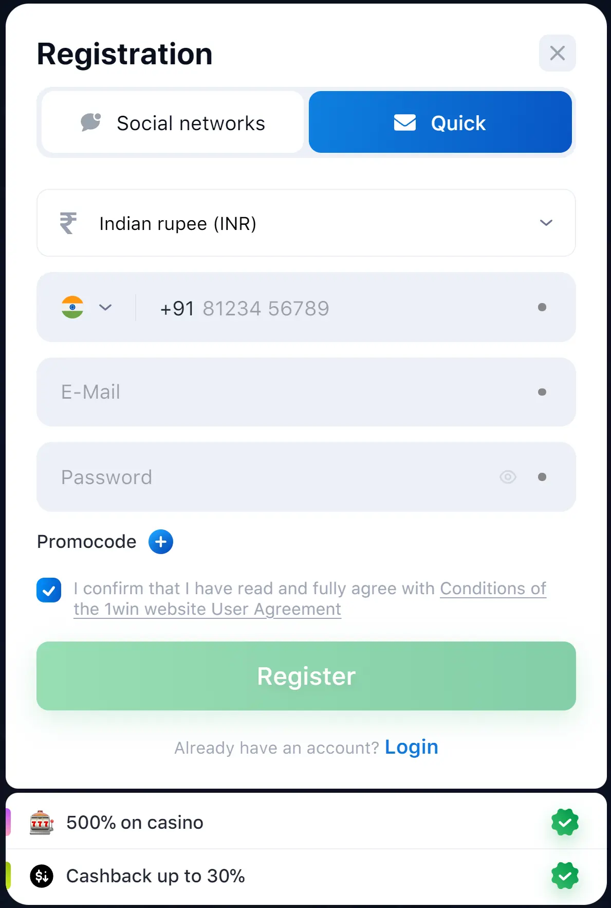 Quick 1Win Registration